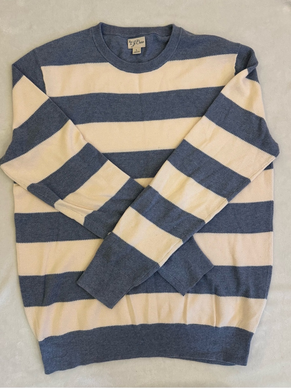 J. Crew Men's Blue and Cream Textured Striped Crewneck Sweater LARGE